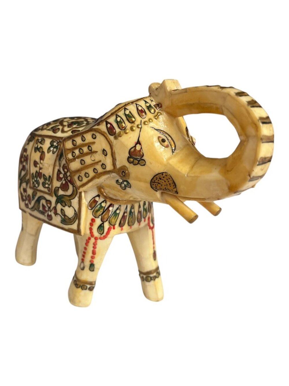 Vintage Hand Painted Indian Elephant Figurine Floral Mosaic 7 Inch
